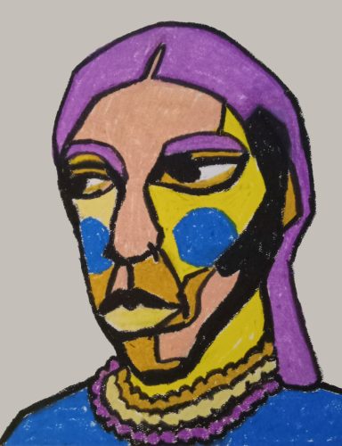 RBF Colorful abstract portrait of a person with bold features and a distinctive headscarf.