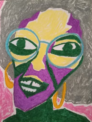 Grandma Colorful abstract portrait of a person with glasses, large earrings, and a vibrant background.