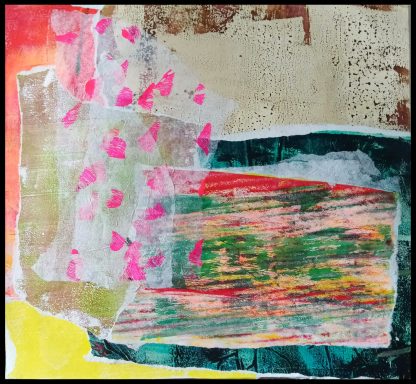 Canned Veg Abstract composition with vibrant colors and textured layers, including pink and green tones.