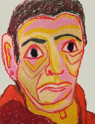 High on Thanksgiving Colorful drawing of a man's face with exaggerated features and vibrant hues.