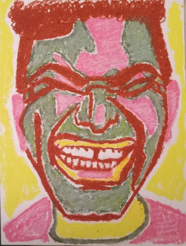 Gap-Tooth Angel Smiling face with colorful abstract features and a bright yellow background.