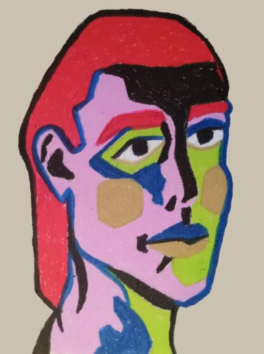 Adjustment Phase Abstract portrait of a person with bold colors and geometric shapes.