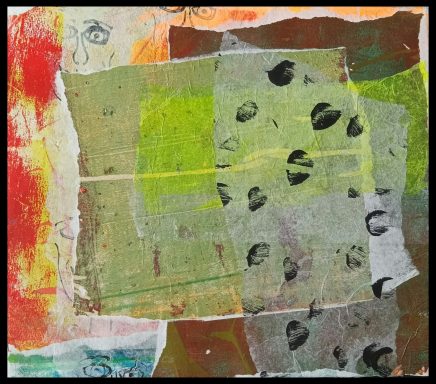 Strangers in the Land of Egypt Abstract collage with textured layers in shades of green, red, and brown.