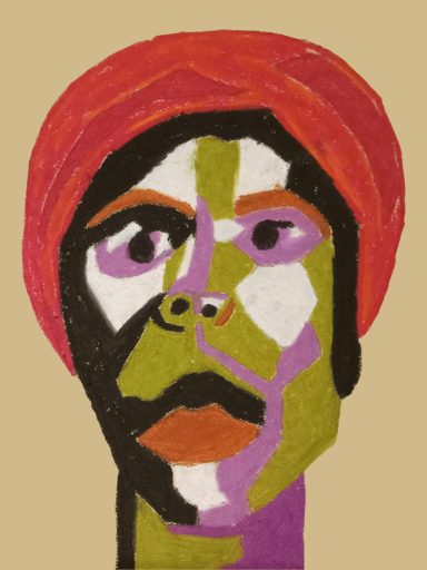 Red Hat Colorful abstract portrait of a person with a red head wrap and bold facial features.