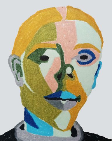 See You Abstract portrait featuring bold colors and geometric shapes on a neutral background.