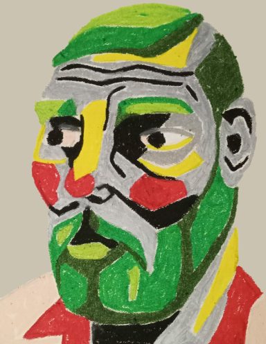 Going Green Abstract portrait of a man with a colorful, geometric face and green beard.