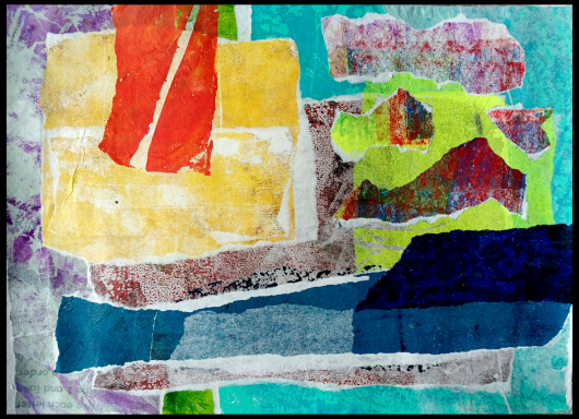 New Flag Abstract collage featuring colorful geometric shapes and textures in vibrant hues.