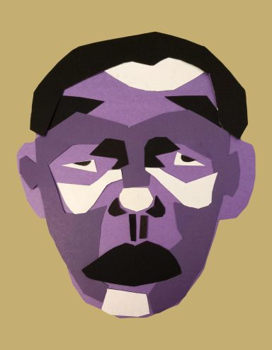 Dick Lavender Abstract portrait of a man with geometric shapes in shades of purple against a beige background.