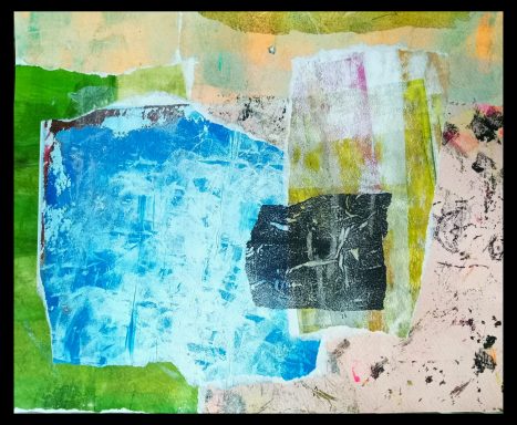 Blue Eyes Aren't Important Abstract art featuring blue, green, yellow, and black shapes on a textured background.