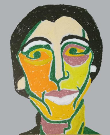 Creepy Orange Abstract portrait with vibrant, geometric colors and exaggerated features.