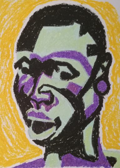 Post West Stylized portrait of a person with bold colors and geometric shapes.