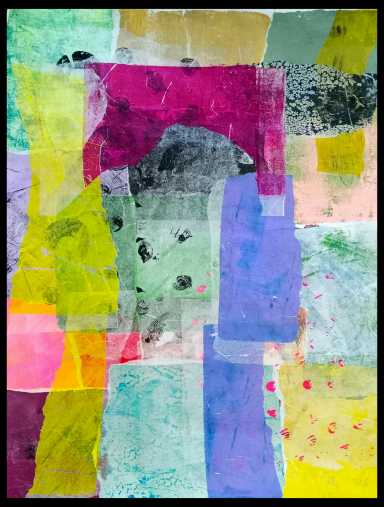 Tallest Bridge Abstract composition with vibrant colors and textured layers in geometric shapes.