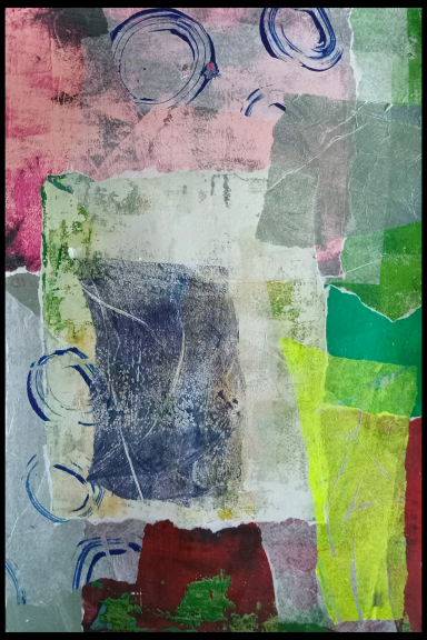 Shuffle Abstract collage of textured layers in pink, green, and gray with circular blue accents.