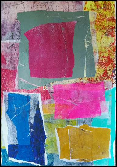Paradigm Shift Colorful abstract collage featuring various textured rectangles and squares.