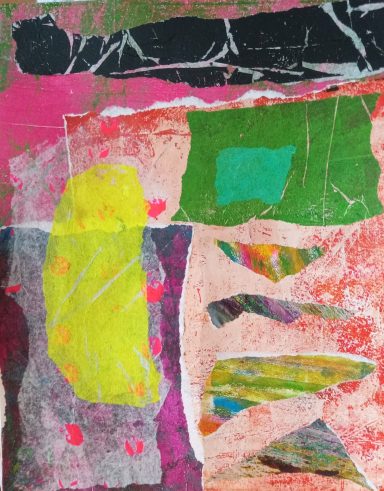 Ego Renaissance Colorful abstract composition with various shapes and textures in bright hues.