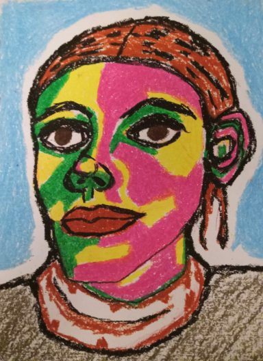 Gasparilla A vibrant portrait of a person with colorful abstract patterns on their face.